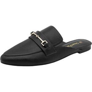 🆕Women's Black PU Buckle Mules Pointed Toe Slip-On Loafer Backless Flats